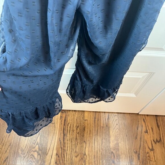 Walter Baker Navy Ruffle Jumpsuit XS Flutter Sleeve Swiss Dot Sheer Overlay - Picture 7 of 12